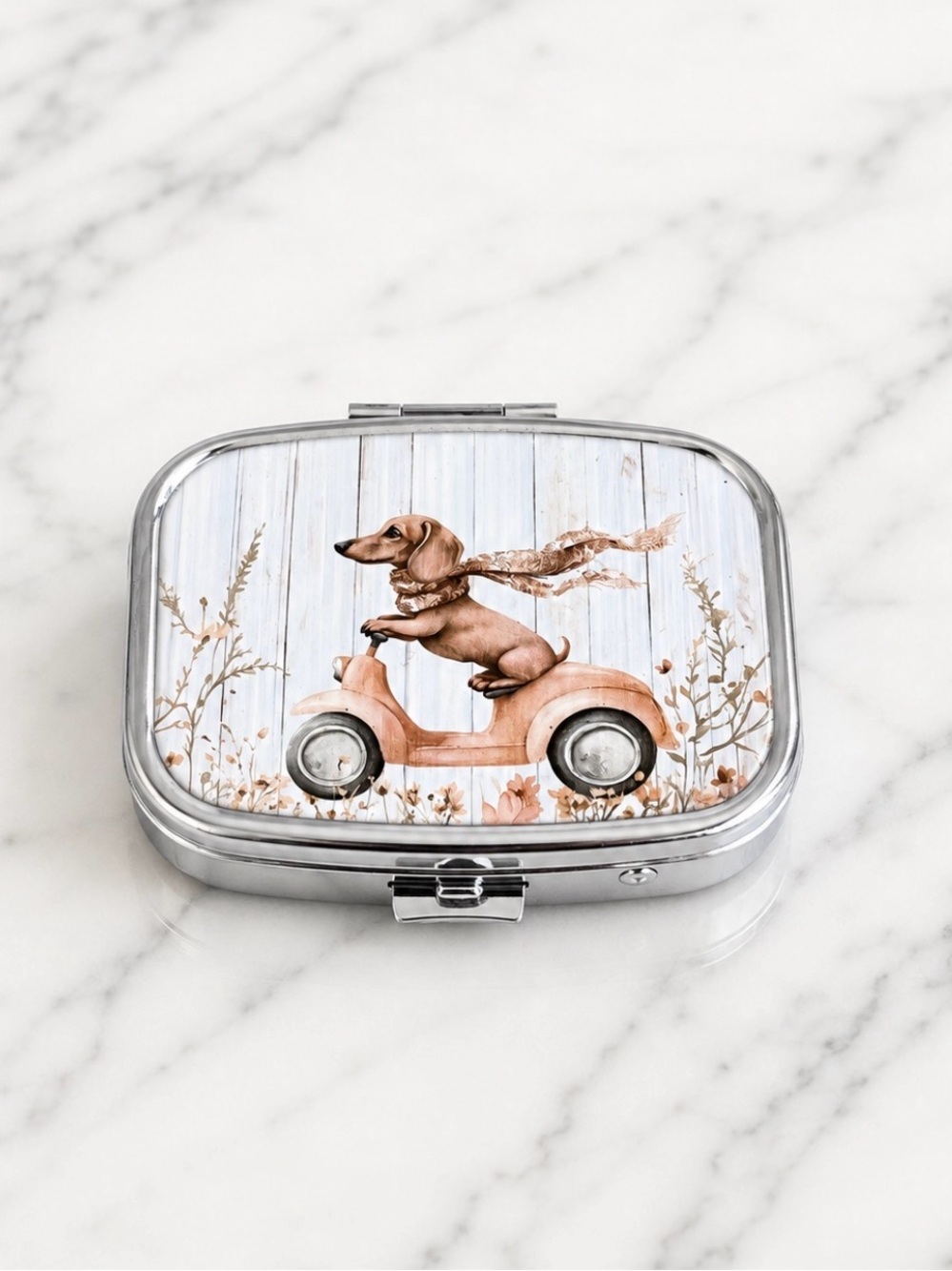 Puppy Riding Scooter Purse Pill Box/Travel Jewelry-Compact With Lidded Mirror